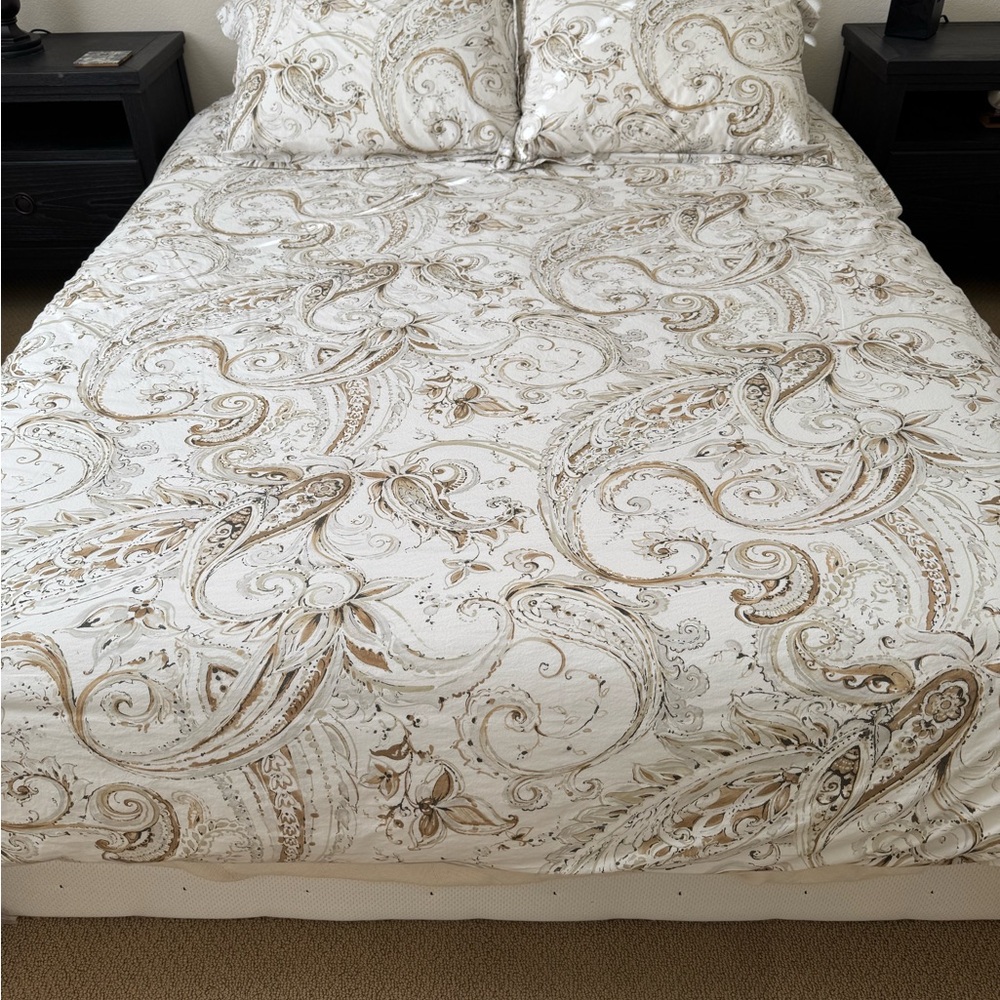 Pottery Barn Cream and Brown Paisley Duvet Cover and two matching shams
